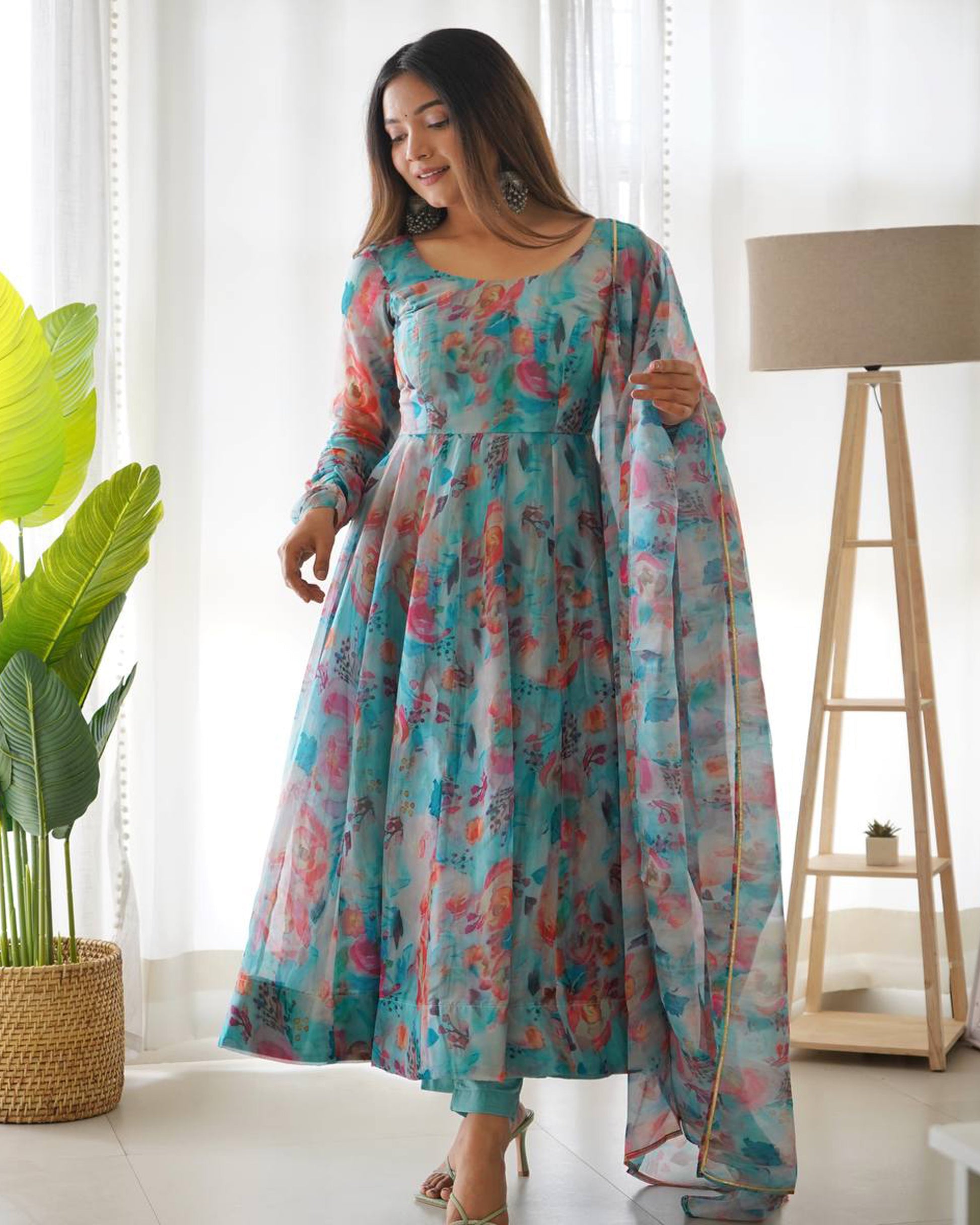 Womenline Sky Blue Multi Color Print Organza Three Piece Anarkali Suit