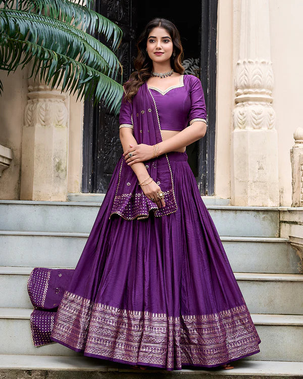 Womenline Dark Purple Color Pure Chanderi Plain Navratri Half Saree