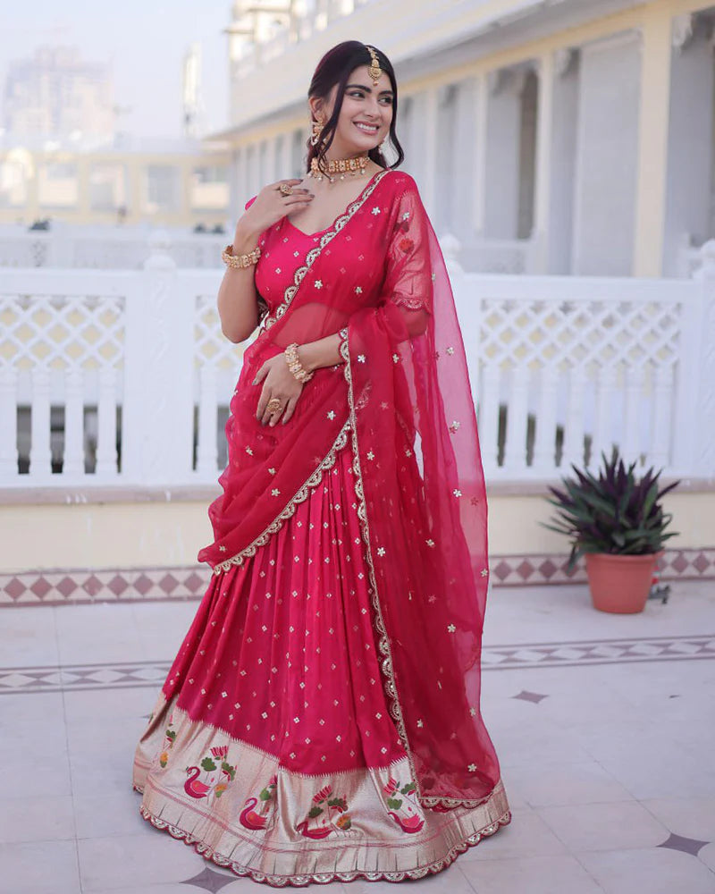 Womenline Pink Color Dola Silk Embroidered Lehenga Choli
