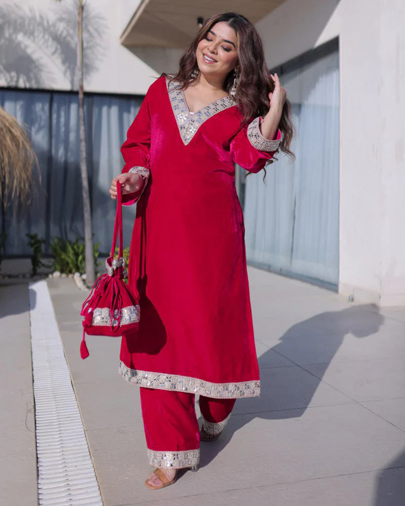 Womenline Rani Pink Color Ice Velvet Embroidered Plazzo Suit