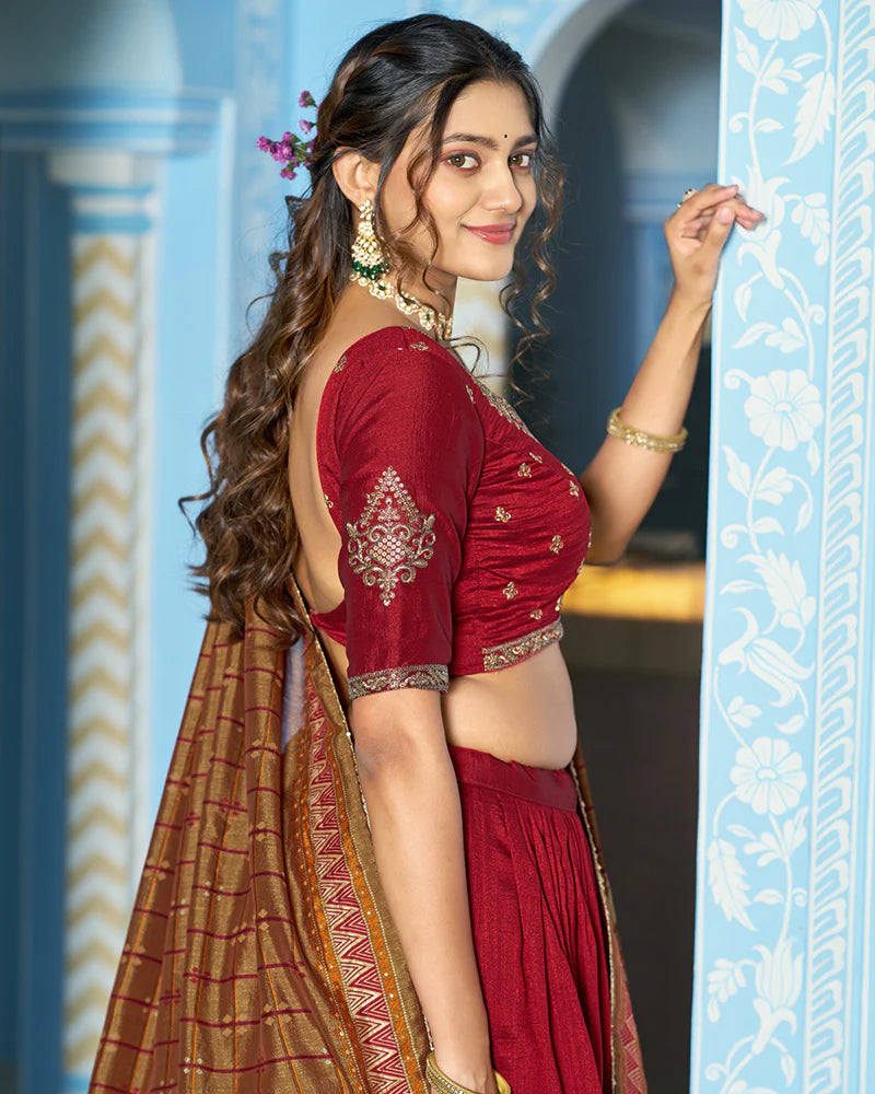Womenline Elegant Maroon Embroidered Vichitra Silk Lehenga Choli