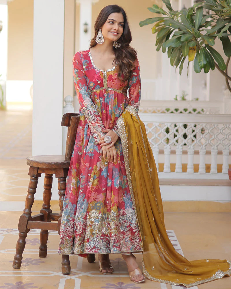 Womenline Wedding Wear Floral Embroidered Red Color Alia Cut Gown With Dupatta