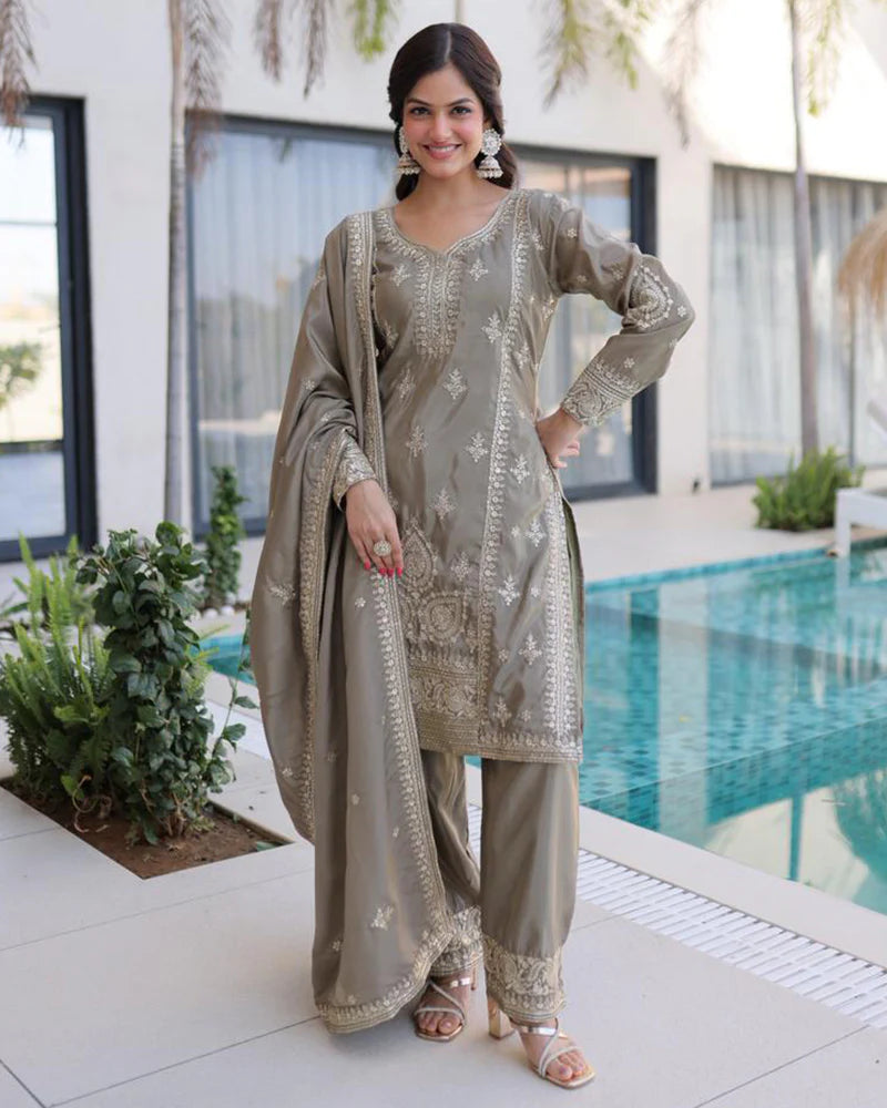 Womenline Grey Color Ho Silk Embroidered Kurti Suit