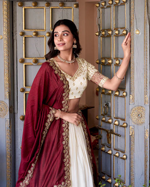 Womenline Off White Color Vichitra Silk Sequins Lehenga Choli