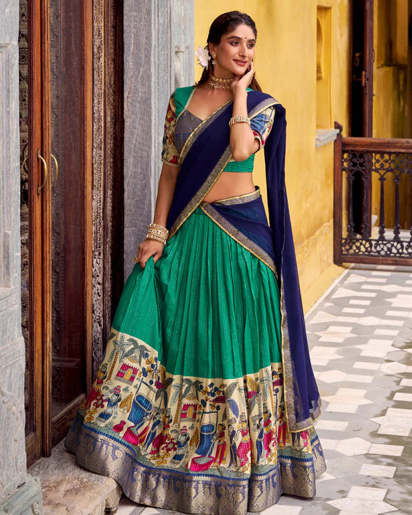 Womenline Bottle Green Color Poly Chanderi Printed Half Saree