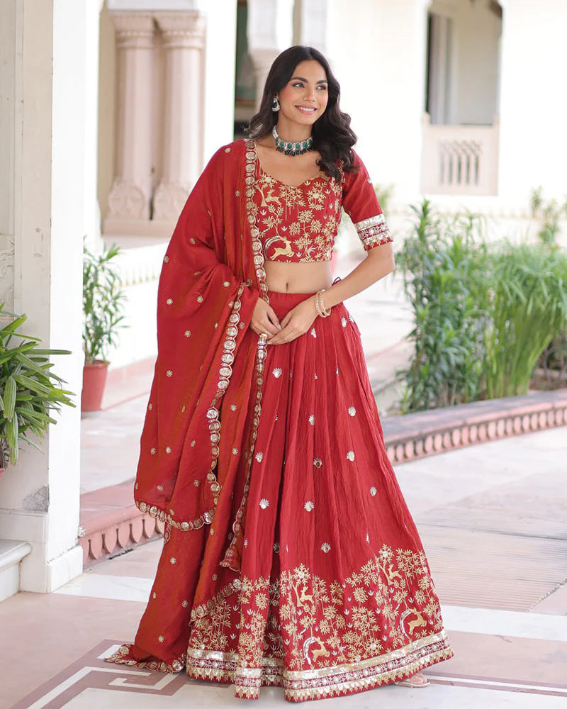Womenline Red Color Vichitra Silk Sequence Embroidered Lehenga Choli