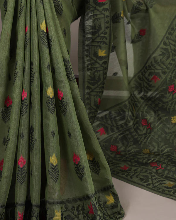 Womenline Mehndi Color Thread Weaving Poly Cotton Saree