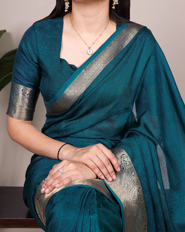 Womenline Teal Green Color Zari Weaving Mass Mello Saree