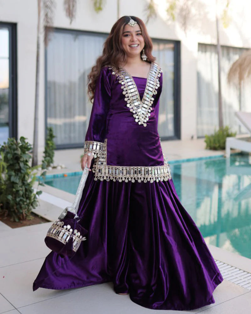 Womenline Deep Violet Color Ice Velvet Embroidered Plazzo Suit