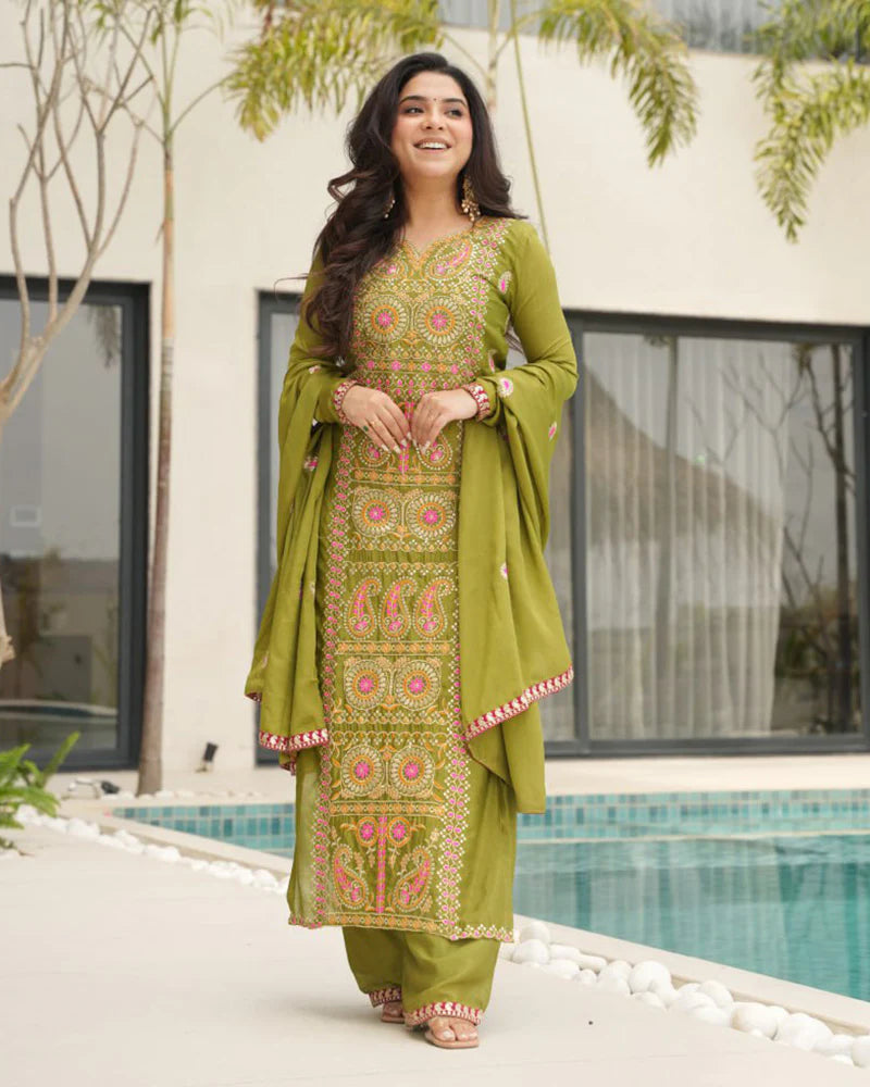Womenline Parrot Color Chinon Embroidered Kurti Suit