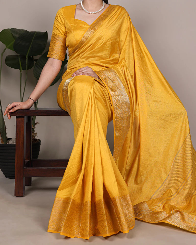 Womenline Yellow Color Nylon Dola Silk Zari Weaving Saree