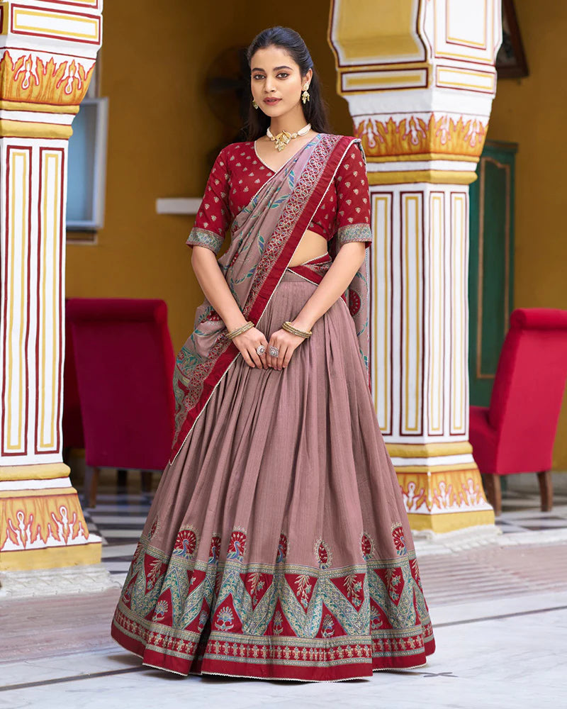 Womenline Maroon Color Tasar Silk Printed Sparkle Lehenga Choli