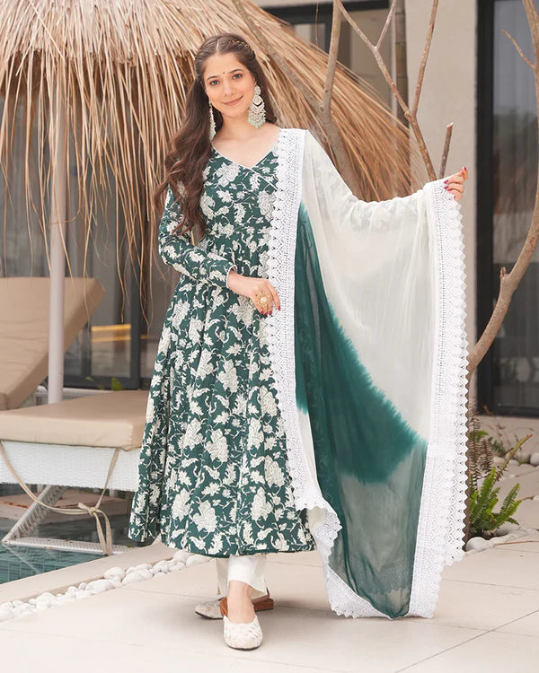 Womenline White And Green Color Floral Printed Cotton Anarkali Suit