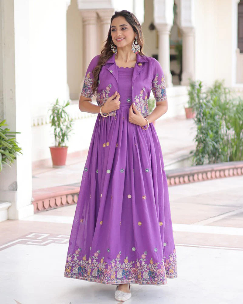 Womenline Purple Color Vichitra Silk Embroidered Gown