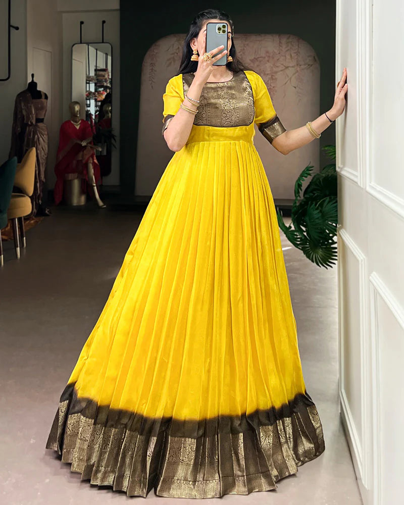 Womenline Yellow Color Mass Mello Zari Weaving Gown