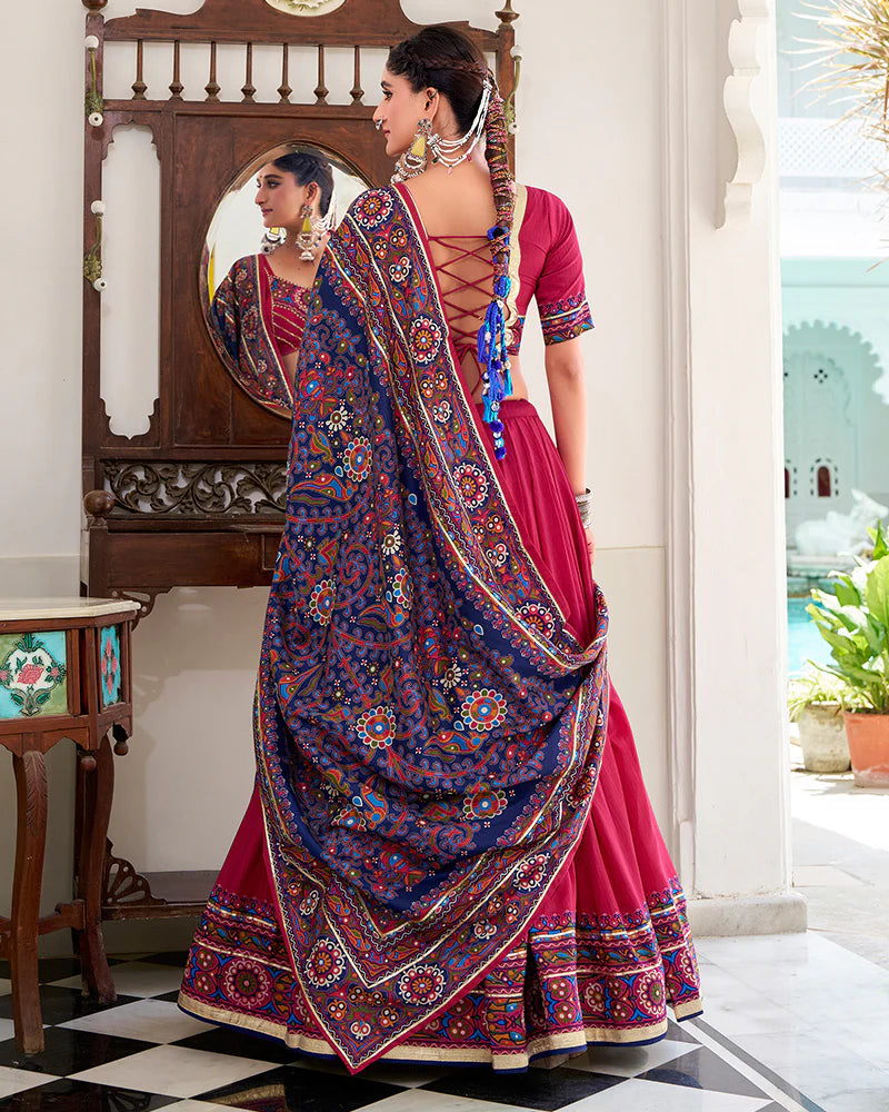 Womenline Pink Color Tussar Silk Full Stitched Navratri Lehenga Choli