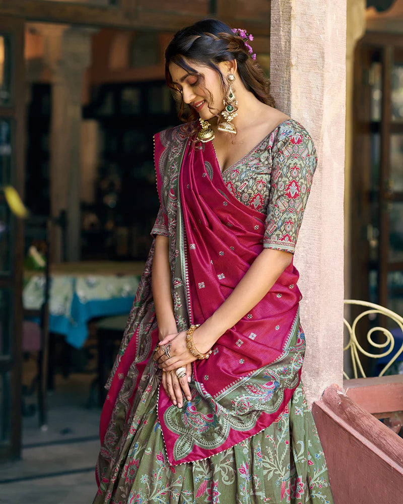 Womenline Bottle Green Color Tasar Silk Foil Printed Lehenga Choli