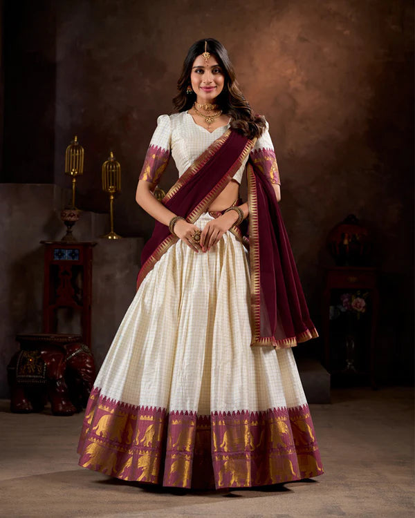 Womenline White And Maroon Color Poly Cotton Chex Onam Half Saree