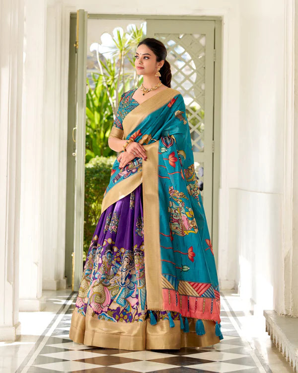 Womenline Purple Color Dola Silk Designer Kalamkari Print Half Saree