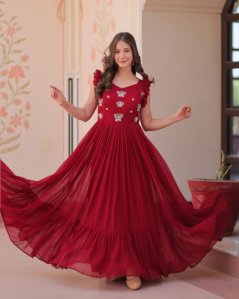 Womenline Red Color Faux Blooming Embroidered work Gown