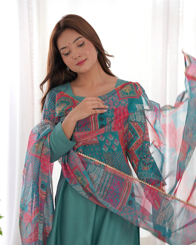 Womenline Sea Green Color Viscose Ready To wear Three Piece Kurti Suit