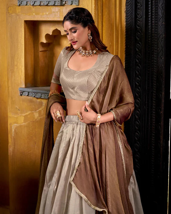Womenline Cream Color Dupion Silk Zari Weaving Half Saree