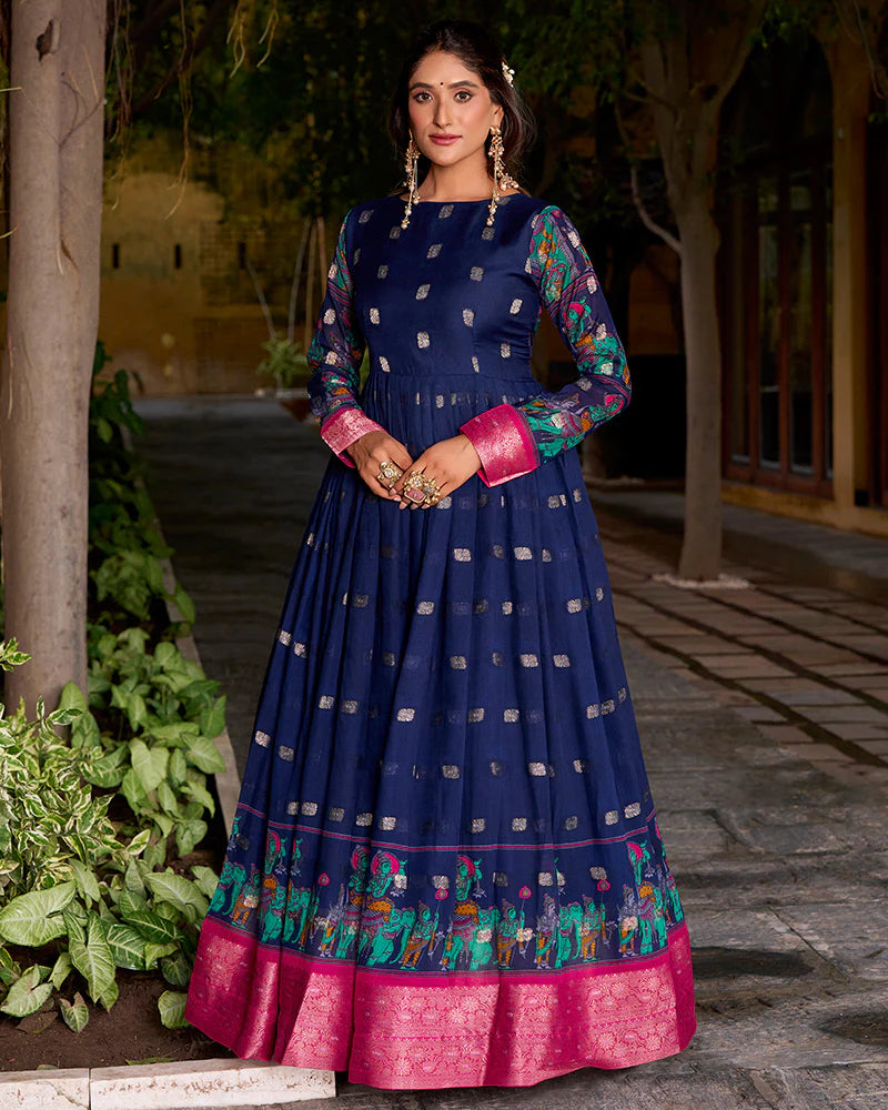 Womenline Elegant Navy Blue Color Poly Cotton Gown With koti