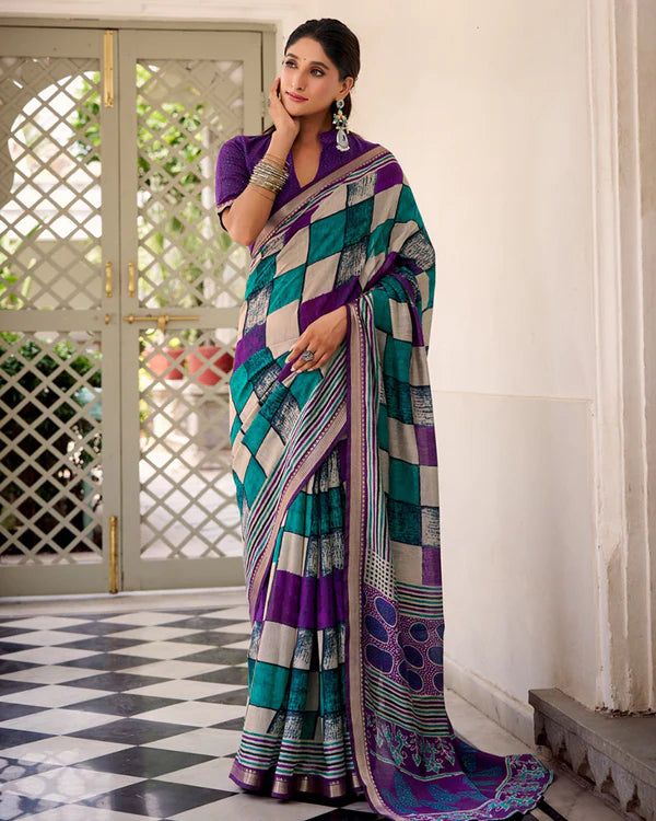 Womenline Purple Color Polyester Chanderi Printed Saree