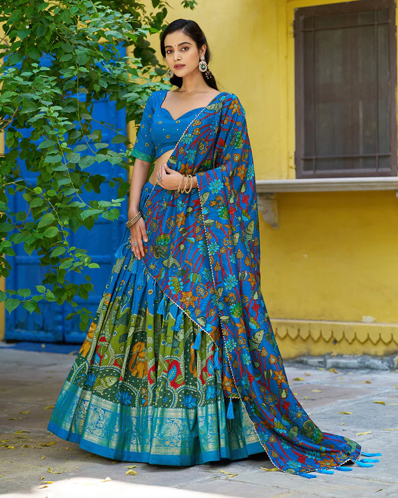 Womenline Firozi Color Tussar Silk Kalamkari Printed Lehenga Choli