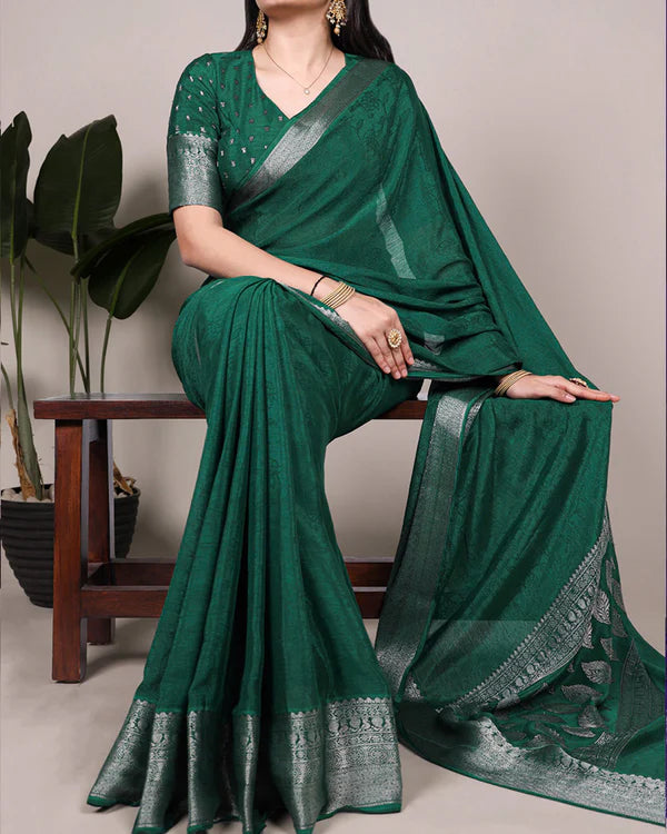 Womenline Green Color Chinon Self Printed Saree