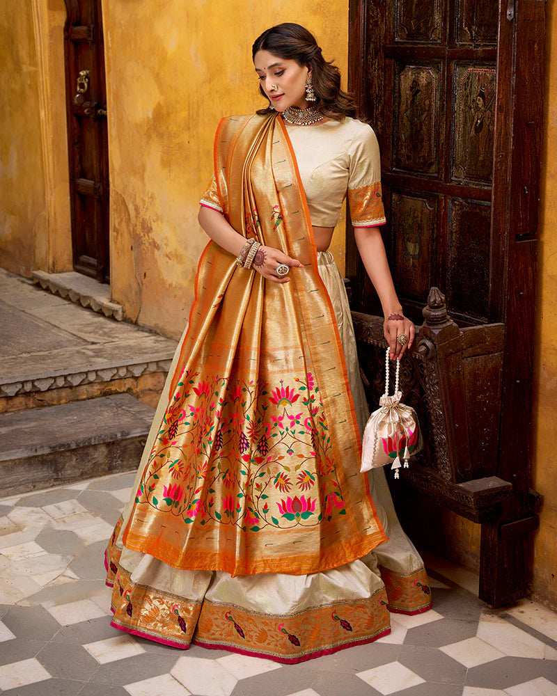 Womenline Off-White Color Paithani Silk Zari Weaving Lehenga Choli
