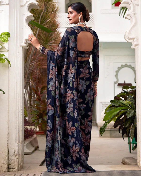 Womenline Navy Blue Color Lurex Brasso Viscose Saree