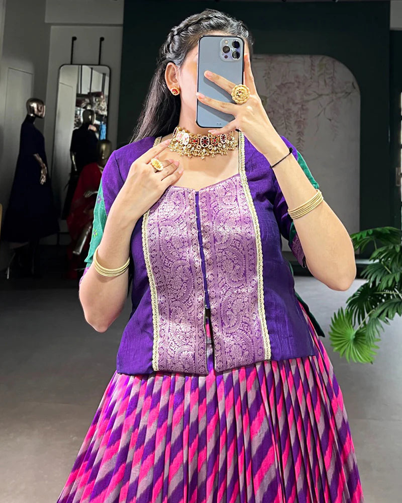 Womenline Purple Color Tasar Silk Laheriya Printed Lehenga Choli