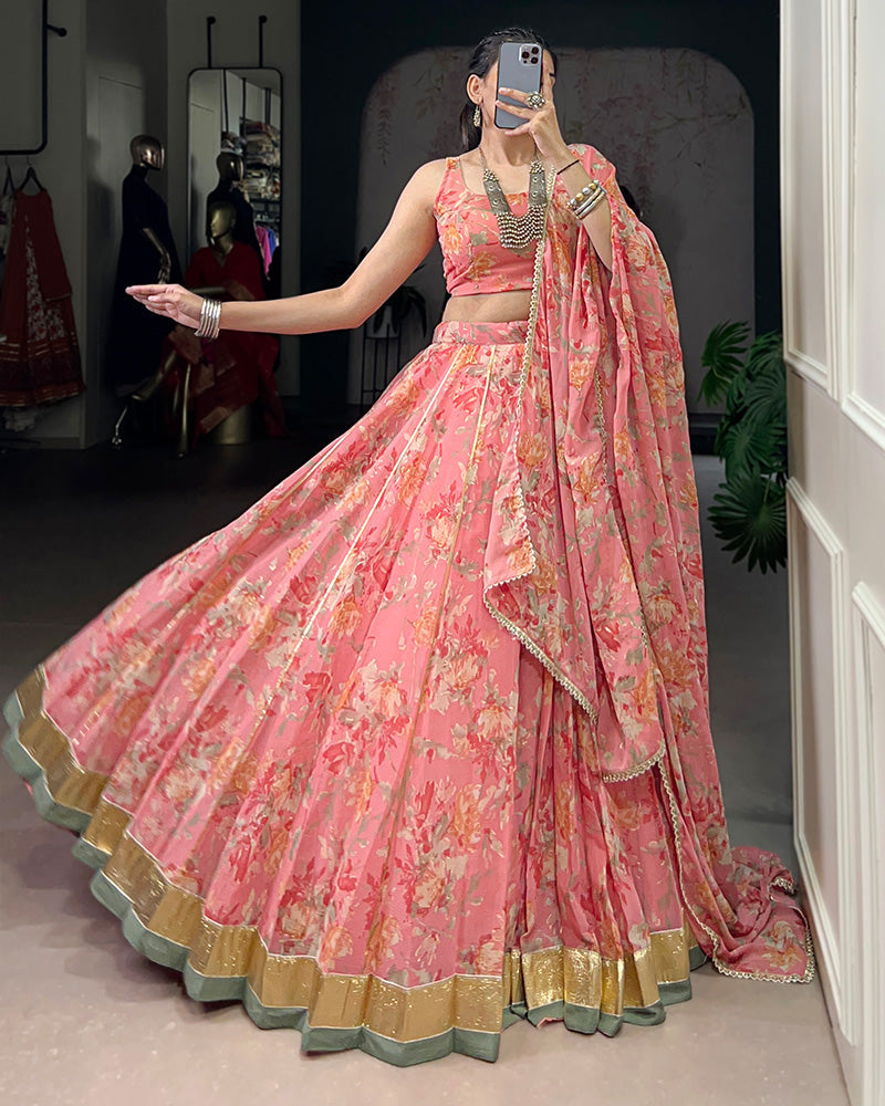 Womenline Peach Color Chiffon Printed Lehenga Choli
