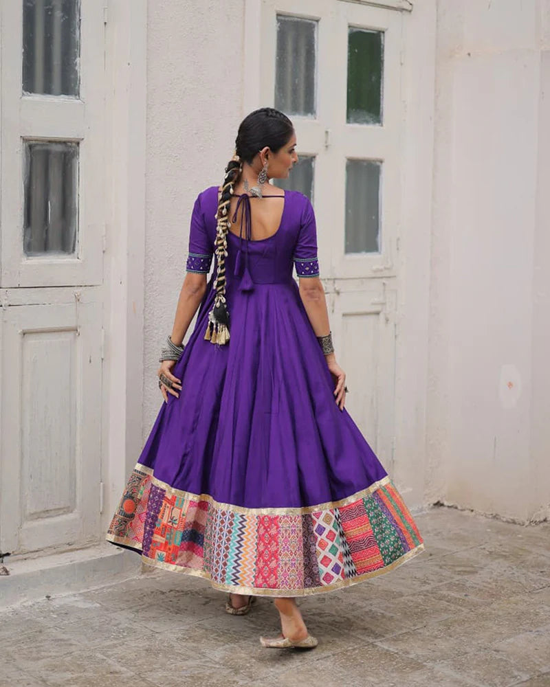 Womenline Colorful Border Purple Color Roman Silk Gamthi Work Navratri Gown