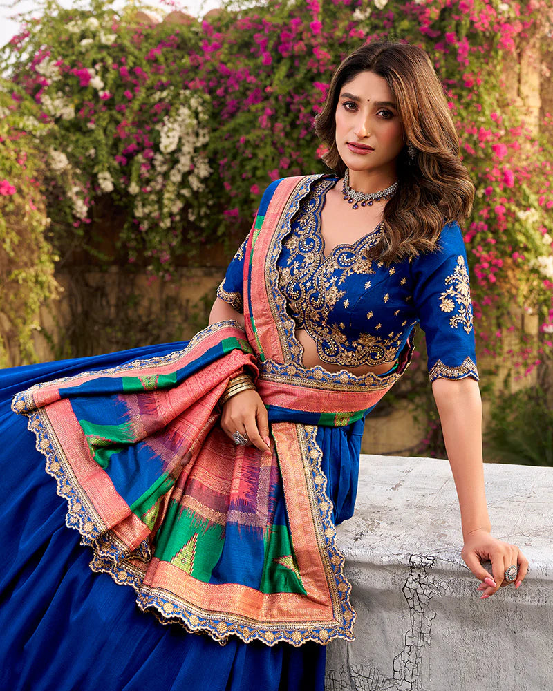 Womenline Designer Royal Blue Color Vichitra Silk Embroidered Lehenga Choli