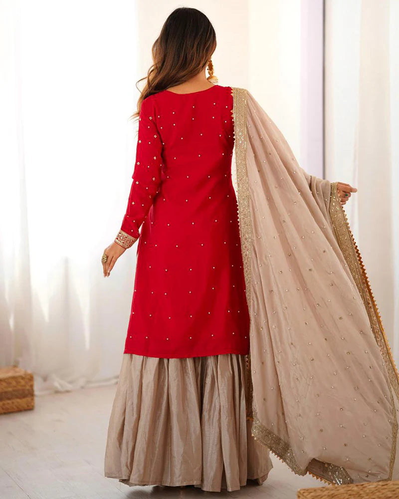 Womenline Red Color Chinon Silk Embroidered Sharara Suit