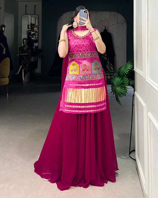Womenline Pink Color Gaji Silk Three Piece Plazo Suit