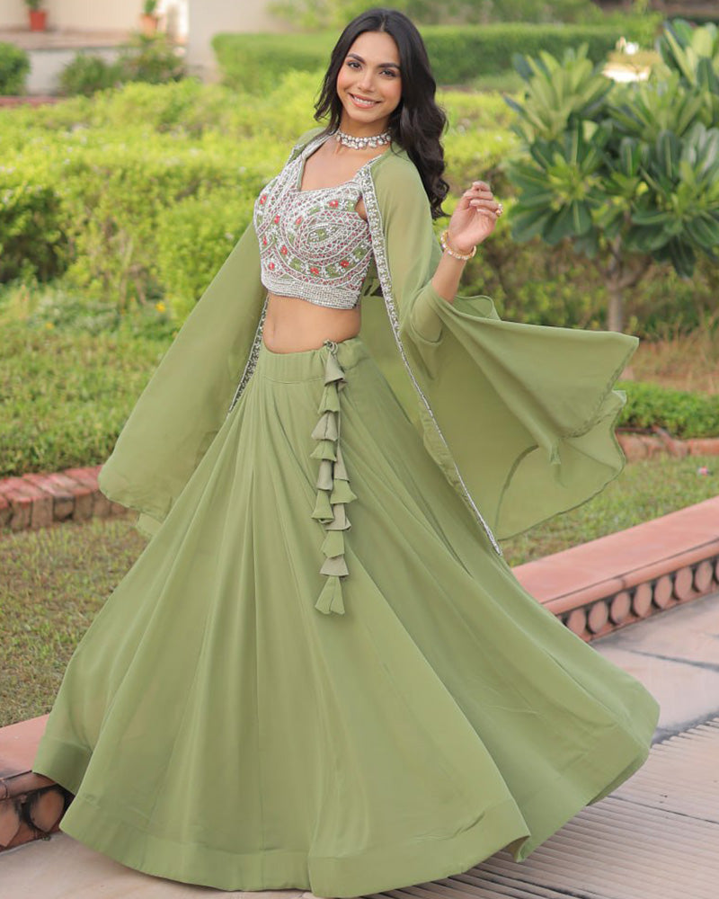 Womenline Pista Color Faux Georgette Embroidered Lehenga Choli