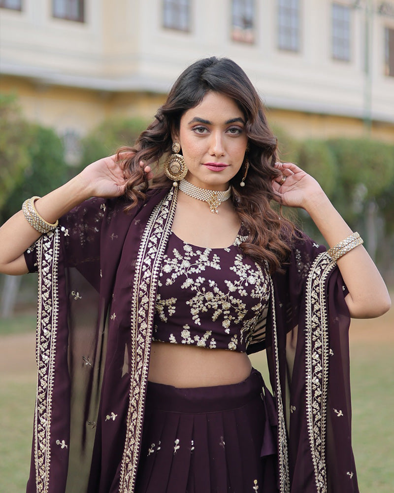 Womenline Wedding Wear Dark Wine Color Designer Blooming Lehenga Choli