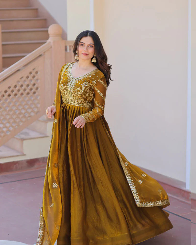 Womenline Mehndi Color Fendi Embroidered Gown