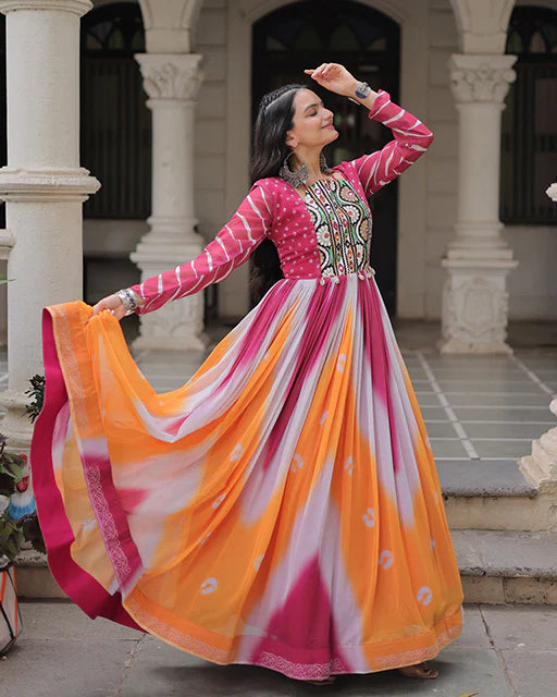 Womenline Pink Color Faux Georgette Bandhej Print Navratri Gown