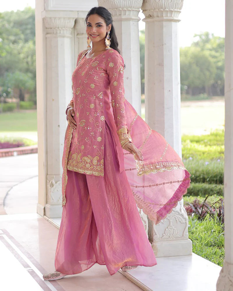 Womenline Baby Pink Color Fendi Silk Embroidered Sharara Suit