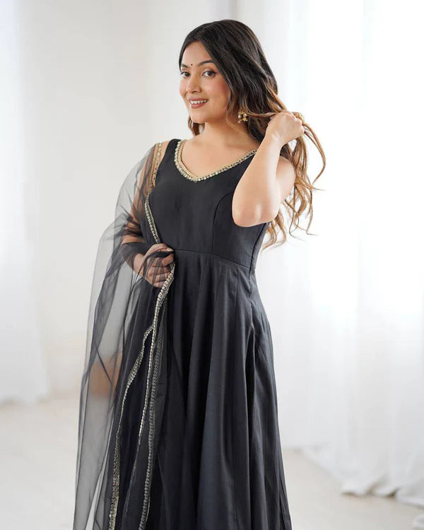 Womenline Black Color Chanderi Pure Roman Silk Anarkali Suit