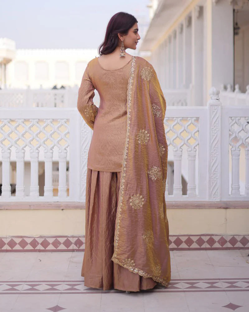 Womenline Chikoo Color Fendi Crush Embroidered Plazzo Suit