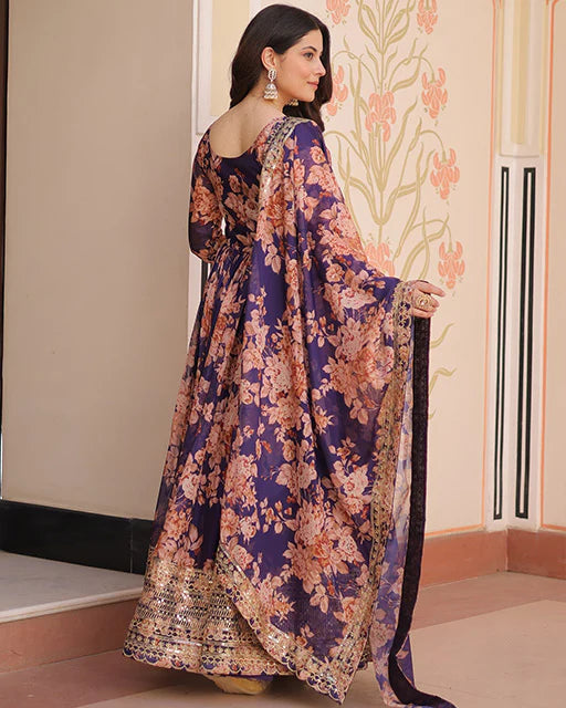 Womenline Wine Color Russian Silk Embroidered Gown