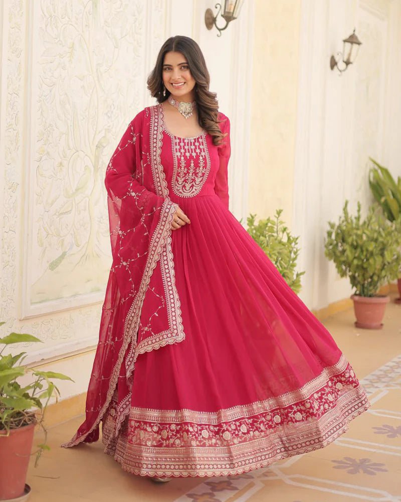 Womenline Pink Color Faux Blooming Rich Sequence Embroidered Gown