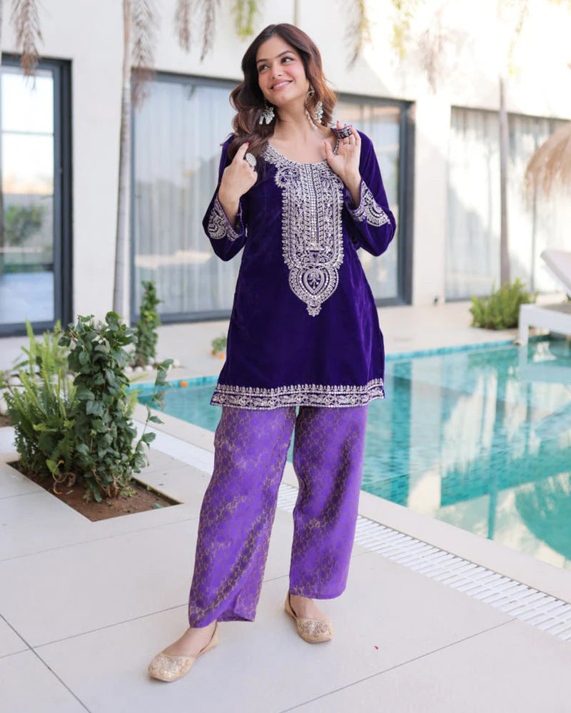 Womenline Purple Color Velvet Embroidered Kurti Suit