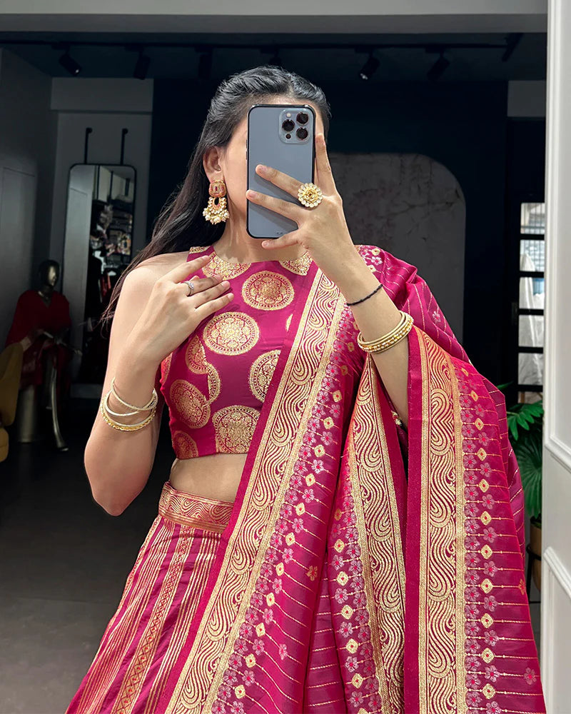 Womenline Rani Pink Color Banarasi Silk Zari Weaving Lehenga Choli