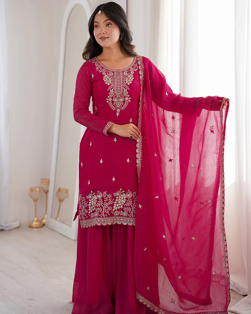 Womenline Rani Pink Color Soft Crunchy Silk Embroidered Plazzo Suit